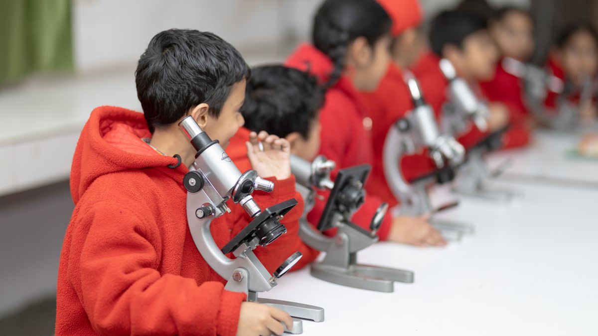 Young students looking through microscopes in the science lab